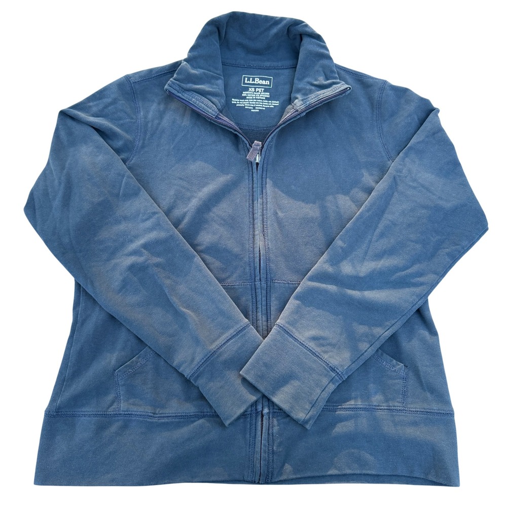 LL Bean Full Zip Sweatshirt Womens XS Petite Blue Mock Neck Cotton Blend 281558